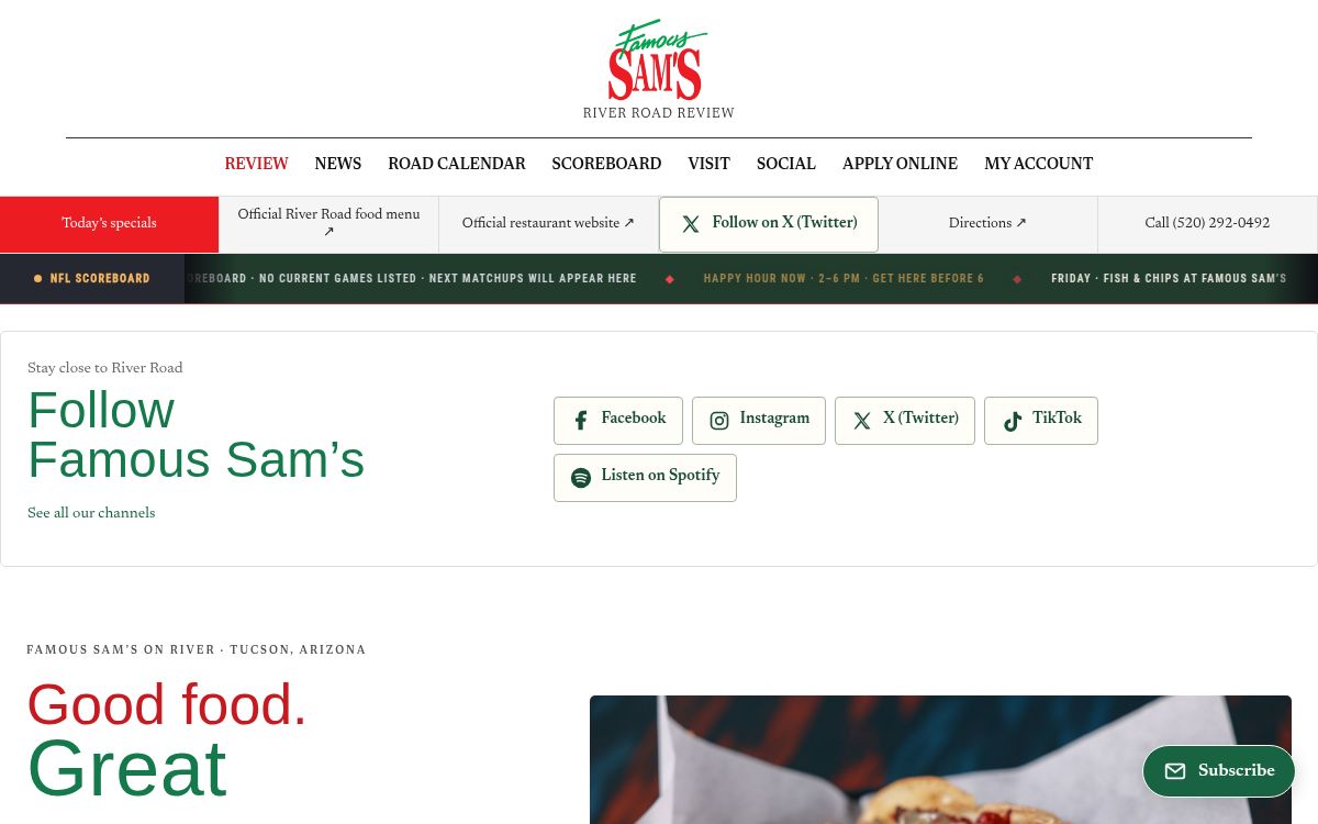Website design for Famous Sam’s River Road